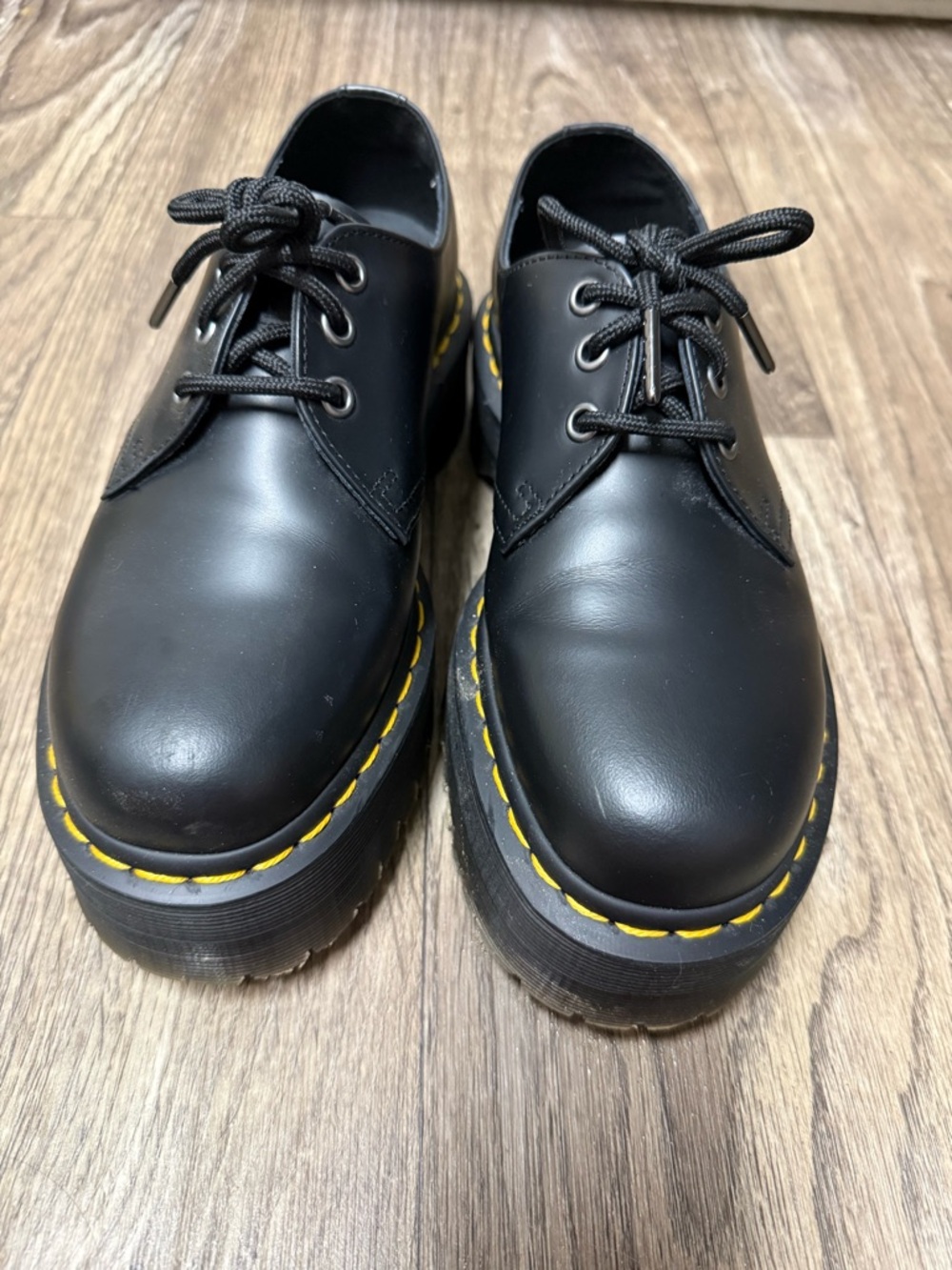 Dr. Martens Black 3-Eye Lace-Up Oxfords with Yellow Welt Stitching - Picture 2 of 6